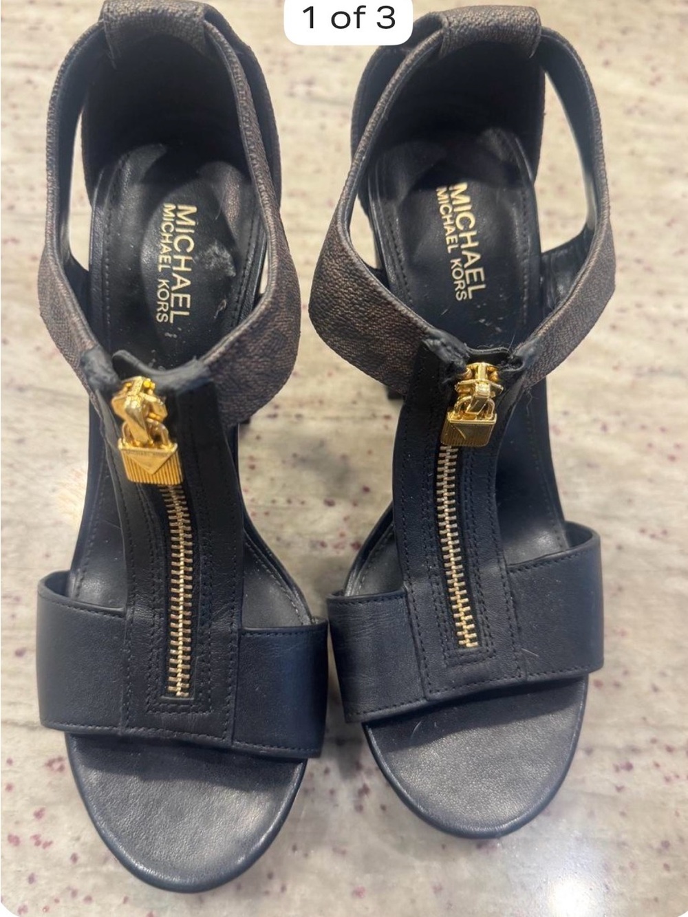 Michael Kors Black Leather Open-Toe Heels with Gold Zipper